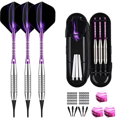 sanfeng Darts Plastic Tip Set - 18g Soft Tip Darts - 16g Dart Barrels w/ 50 O-Rings + 6 Shafts (Purple Aluminum & White Plastic Rod) + Extra 50 Soft Tips Flights Accessories for Electronic Dart Board