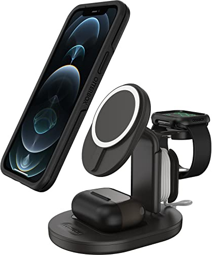 OtterBox Wireless 3 in 1 MagSafe Charging Stand, Strong Magnetic Alignment and Attachment with MagSafe, Sleek Multi-Devicie Charging Station for iPhone, AirPods and Apple Watch, Black