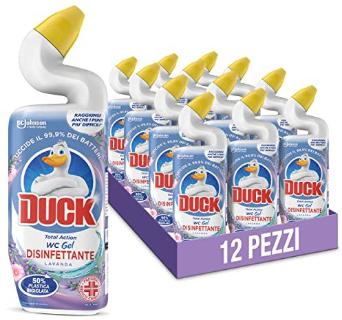 Duck WC Gel Disinfettante - Liquido per WC, Uccide fino al 99,9% dei batteri, Fragranza Lavanda, Formato Scorta da 12 pezzi