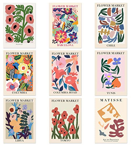 Qpout 9pcs Affiche du Marché aux Fleurs Art Mural Matisse Affiches d’impressions Non Encadrées (8x10 pouces), décor abstrait minimaliste de salle florale pour galerie Living Dessin Affiches