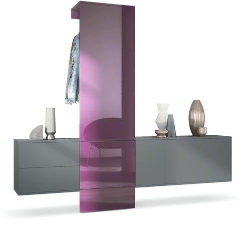 Vladon Garderobe Carlton Set 1, Made in Germany, Flur-Garderobe aus Deko-paneel, Schubladen-Kommode & Schuhschrank, Anthrazit matt/Brombeer Hochglanz (209 x 193 x 35 cm)