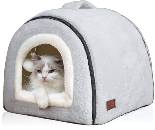 OMIVIER Lit pour Chat d'intérieur - Niche Pliable - Fond antidérapant et résistant à l'eau - Maison pour Chats ou Petits Chiens d'intérieur - Tente pour Chaton - Lit pour Lapin - Lit 2 en 1 (Gris)