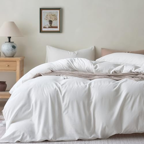 JELLYMONI Bedding Duvet Cover King Size - 100% Washed Cotton Linen Feel Textured Comforter Cover, 3 Pieces Lightweight Soft Bedding Set with Zipper Closure (Off White, 104x90)