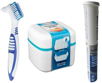 Denture Cleaning Tablets Active Plus with Denture Bath and Denture Brush Includes Denture Cleaning Tips