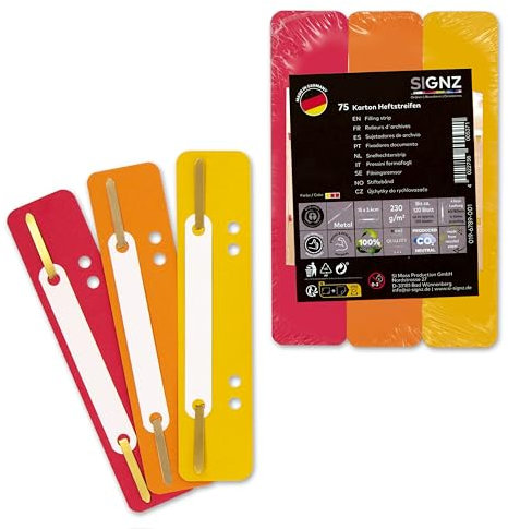 SIGNZ Heftstreifen Pappe, 75 Stück, 25 x 3 Farben, Recycling-Karton, CO2-neutral hergestellt, made in Germany (75 Stück, gelb, orange, rot)