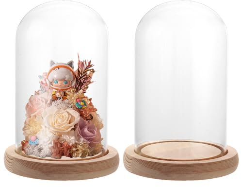 SHUESS 2er Glasglocke mit Holzboden 9x15 cm – Glaskuppel mit Holzboden aus Borosilikatglas – Staubdichte Vitrine zur Deko für Schmuck Blumen Figuren – Transparent Glasglocke für Hochzeiten Tischdeko