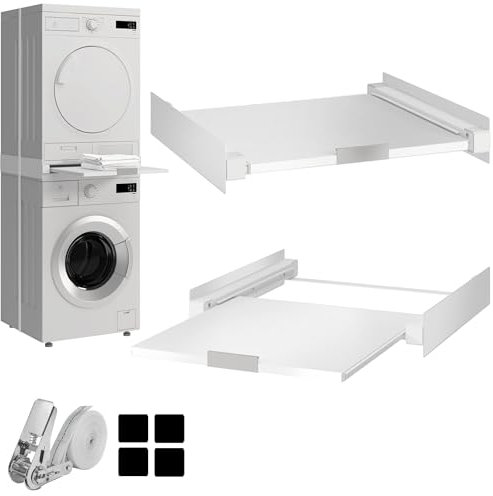 Hd-Line Cadre intermédiaire universel – Pour machine à laver et sèche-linge, avec compartiment extractible, amortissant les vibrations et anti-basculement Dimensions (60 x 54 x 10 cm, jusqu'à 15 kg)