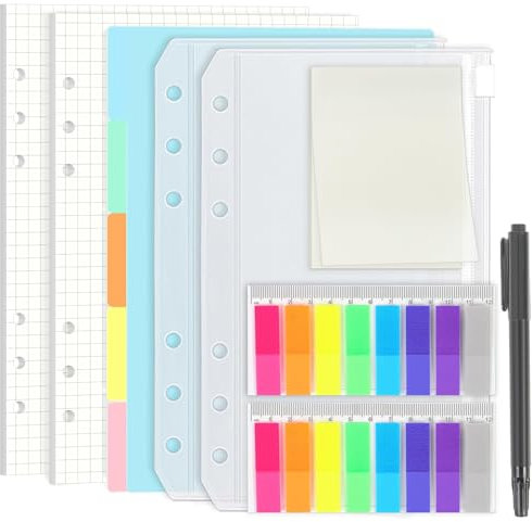 SKYDUE A5 Ringbuch Nachfüllbar Set - Kariert, Polypropylen, 90 Blätter (180 Seiten), 5 Trennblätter, Bunte Haftnotizen, 2 Umschläge, Zeitgenössisch