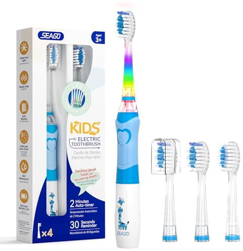 Seago Spazzolino Elettrico Bambini 3-12 Anni Spazzolino Bambini Spazzolini Elettrici Con 4 Testine Spazzolino Elettrico Luce LED Colorata e Osservante 4 Modalità Timer Intelligente SG-977, Azzurro