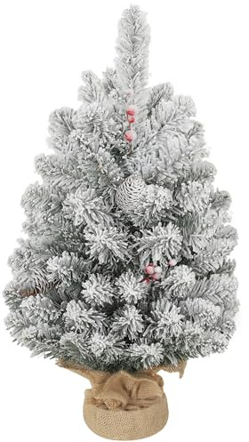 HOMCOM Albero di Natale Piccolo Alto 60 cm, Mini Alberello Natalizio con 72 Rami Folti, Pigne e Bacche Rosse, Decorazione Natalizia Ignifuga con Base in Tessuto, Verde
