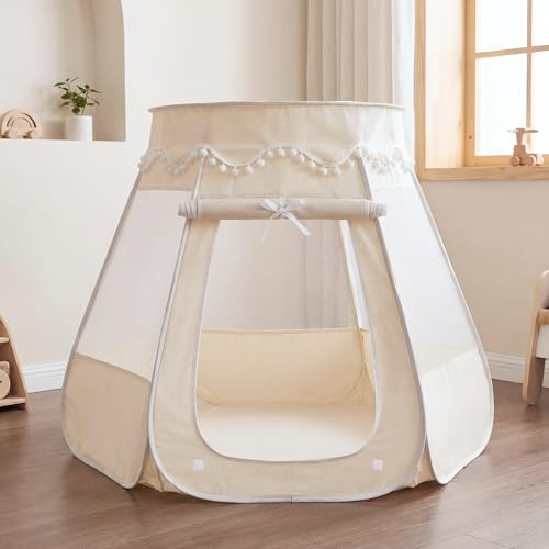 LIONHERZ® DAS ORIGINAL 2in1 Bällebad-Spielzelt für Kinder aus Baumwolle/Hanf [115x93cm] Pop-up Kinderzelt [faltbar & atmungsaktiv] Baby Ballzelt & Spielhaus Indoor | Jungen & Mädchen (Cremeweiß)