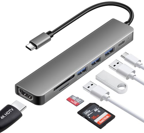 DEMKICO Hub USB C 7 en 1 Multiports avec 4K HDMI, USB-C PD, USB 3.0, Double USB 2.0 et SD/TF – Adaptateur USB C à HDMI Compact pour Ordinateurs Portables, Tablettes et Smartphones