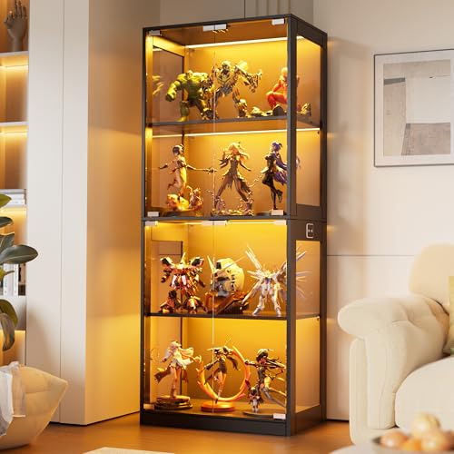 MSFE Display Cabinets with Glass Doors,Glass Display Cabinets with 3 Color Lights and Human Sensor,Display Case for Collectibles Trophy Books,Storage Cabinet Bookcase for Living Room,Bedroom (Black)
