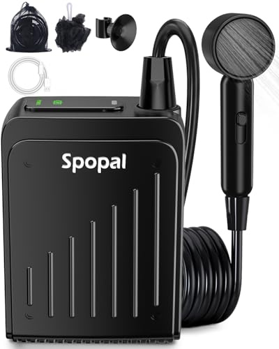Camping Dusche, [Mini-Größe] Spopal Tragbare Campingdusche 5000mAh, Typ-C Aufladung, IPX8-Wasserdichtigkeit, mit Duschkopf, Haken, Campingdusche mit Pumpe für Wanderungen, Strand, Auto, Haustierwäsche