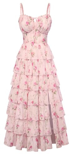Scarlet Darkness Women's Floral Corset Wedding Guest Dress Lace Up Summer Spring Tiered Formal Maxi Dresses