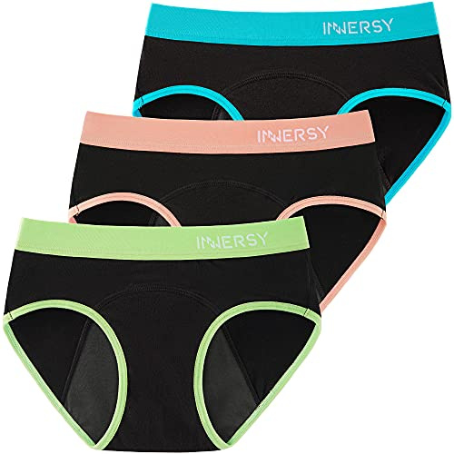 INNERSY Period Pants for Teenage Girls Cotton Menstrual Underwear Leakproof Knickers Pack of 3 (14-16 Years, Colourful Black)