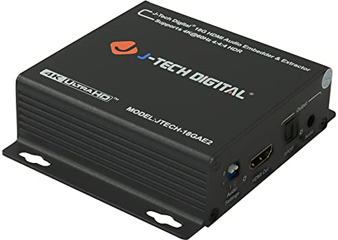 J-Tech Digital 4K 60HZ HDMI Audio Extractor with HDMI Audio Embedder Optical SPDIF + 3.5MM Output Supports 18Gpbs Bandwidth, HDCP 2.2, Dolby Digital/DTS Passthrough CEC, HDR10 [JTECH-18GAE2]