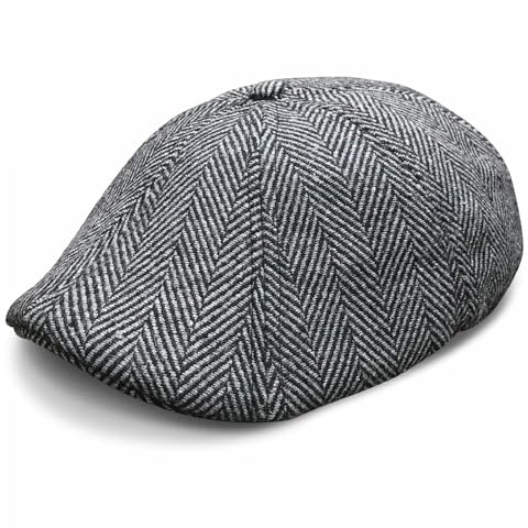 The Original Boston Scally Cap - The Peaky Newsboy Flat Cap - 8 Panel Hat for Men - Grey Herringbone - Medium/Large