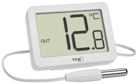 TFA Dostmann Digitales Innen-Außen-Thermometer, 30.1066.02, inkl wasserdichten Fühler (ca. 3m), Höchst- und Tiefstwerte, mit Magnet/Ständer, große Anzeige, batteriebetrieben, kompakt, weiß