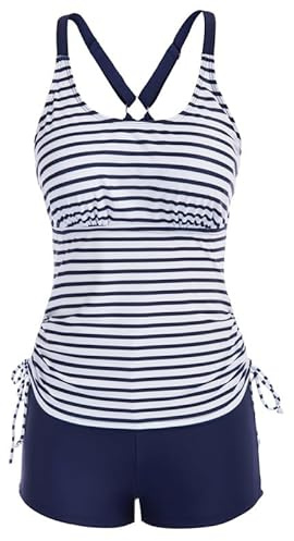JASAMBAC Costume tankini da bagno donna costumi da bagno con coulisse in due pezzi stampa floreale costumi da bagno con pantaloncini, Stampa a righe blu navy, M