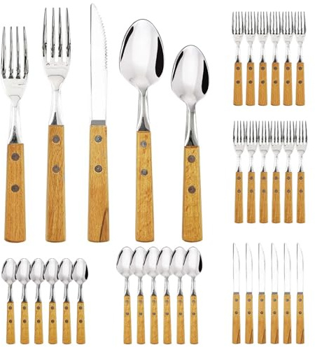 DailyTreasures Set Posate 30 Pezzi in Acciaio Inox con Manico Legno Palissandro - Posateria per 6 Persone, Forchetti Coltelli Cucchiai per Casa Cucina Feste