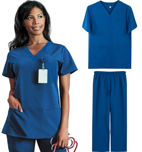 BIOECEUA Scrubs Uniformi - Set da donna con scollo a V e pantaloni da jogging con coulisse, per sala operatoria ospedaliera, Niente, XL
