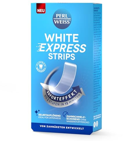 PERLWEISS White Express Strips - Zahnaufhellung in 15 Minuten - Bis zu 2 Stufen weißere Zähne - Soforteffekt mit selbstauflösenden Bleaching Strips - Zahnschmelzschonend & ohne Wasserstoffperoxid