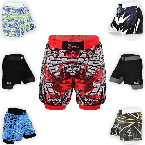 2BOLD MMA Shorts Men’s 2 in 1 Jiu-Jitsu Built in Compression Lining Athletic Gym Boxing Muay Thai BJJ No-Gi Grappling Shorts, Crimson-red, X-Large