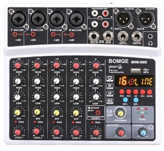 DJ-mixer Trådlös 6-kanals mixer portabel mixerkonsol USB-gränssnitt ljudkort med 16 DSP Echo 48V Phantom Power(BMG-06D-White)