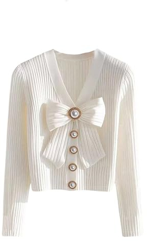 SHENHE Women's Bow Long Sleeve Shirts Pearl Button Decor V Neck Elegant Ribbed Tops White Large
