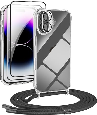 DiDaDi Juego de cadena para teléfono móvil 5 en 1 para iPhone 17, funda transparente para teléfono móvil, funda extraíble con cordón, 2 protectores de pantalla y lente de cámara (negro)