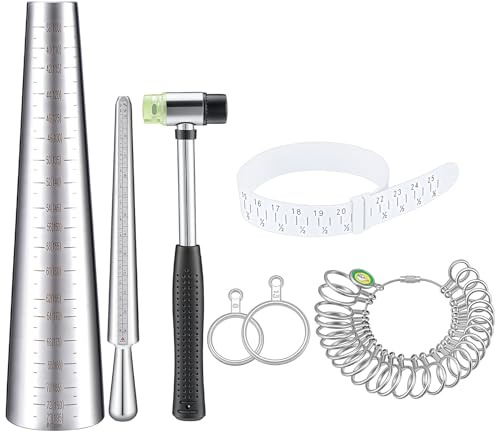 DELORIGIN Kit d'outils de mesure pour bagues et bracelets avec jauge de bague, jauge de taille de doigt et mandrin pour bracelet, marteau en caoutchouc
