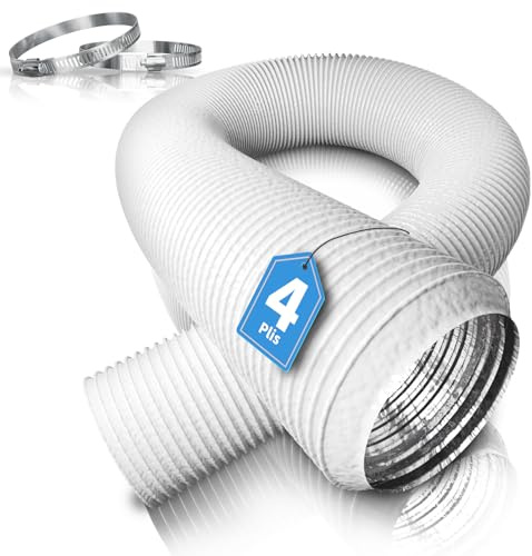 Hon&Guan 100 mm aluminiumrör flexibelt rör max. Längd 3 m, flexslang med 2 slangklämmor för mobil luftkonditionering, tork, köksfläkt och frånluftsfläkt (vit)