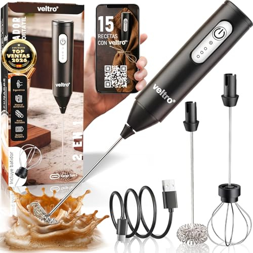VELTRO® SUPER PACK Espumador de Leche Electrico, Batidora de Mano 24000 RPM Potente, USB-C Recargable, Milk Frother Profesional, Accesorios Cocina, 2 Varillas Acero Inoxidable, Mezclador de Matcha