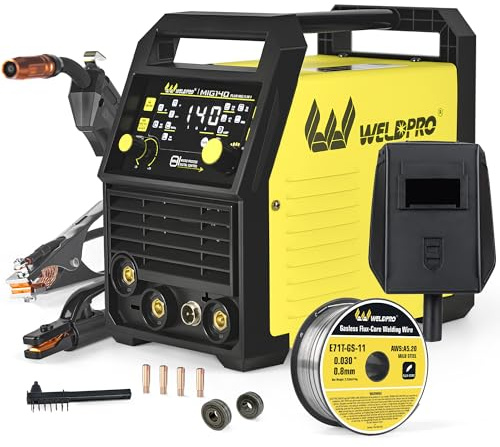 WELDPRO 140A MIG Welder 110/220V, 2026 Newest 5-in-1 Flux Core Welder, Synergic/Thickness Gasless MIG/Lift TIG/MMA/Spot Welding Machine, IGBT Inverter Welder with Large LED Digital Display, 2T/4T