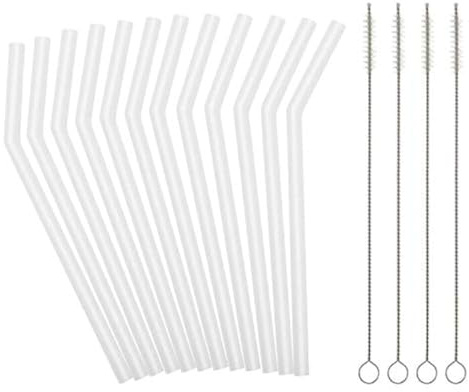 Reusable Clear Silicone Straws for Toddlers & Kids - 12 pcs Flexible Short Drink 6.6 Straws for 6-10 oz Yeti/Rtic/Ozark Tumblers & 4 Cleaning Brushes - BPA free, no Rubber Tast