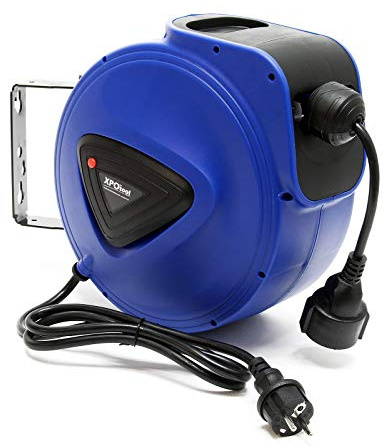 XPOtool Automatik Kabeltrommel 20 m mit Wandhalterung, 180° drehbar inkl. Montagematerial, automatische Stromtrommel