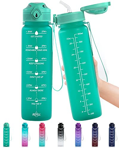 Lunidry 1 Litro Borraccia Sportiva con Cannuccia & Indicatore del Tempo Motivazionale, Senza BPA Borracce Tritan Borraccia per Bambini, Scuola, Sport, Palestra, Ciclismo