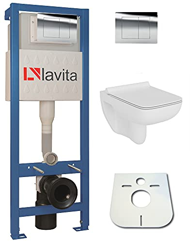 Set WC pré-fabriqué avec plaque de déclenchement + WC mural Capri Slim sans bride + abattant WC avec système d’abaissement automatique Soft-Close (QC)