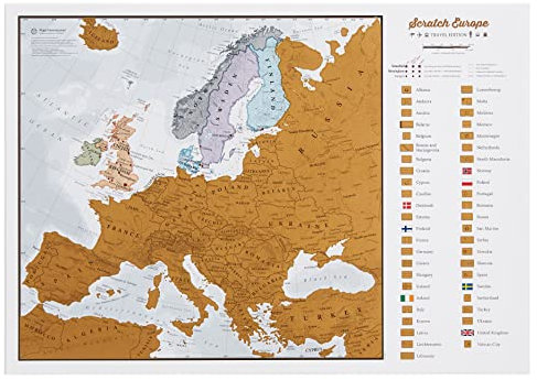 Rubbeln Sie Europa Karte - Rubbeln Sie Orte, die Sie bereisen! - Kartografische Details - 42 x 29.7 cm