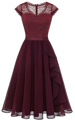 Wedtrend Abito da cocktail da donna, lunghezza al ginocchio, elegante, per matrimonio, elegante, linea A, con volant, borgogna, XXL