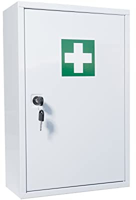 Erste Hilfe Verbandschrank mit DIN 13157:2021, Medizinschrank mit 3 Fächern, Sicherheitsschloss – aus Metall, Maß: 46 x 30 x 14 cm - Erste Hilfe Schrank zum Aufhängen & Platz für mehr Equipment