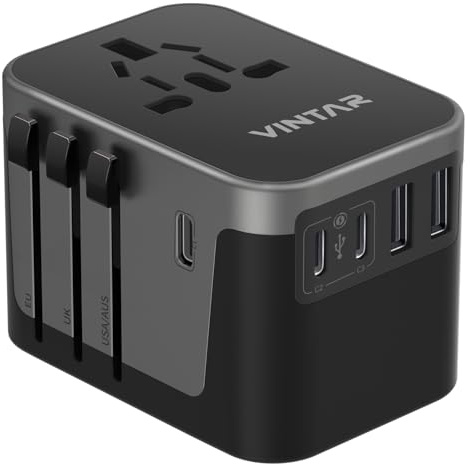 Universal Travel Adapter, VINTAR International Power Adapter with 6A 3 USB C and 2 USB Ports, All in One Travel Essentials Plug Adapter, Worldwide Outlet Converter for Europe UK USA AUS(Type C/G/A/I)