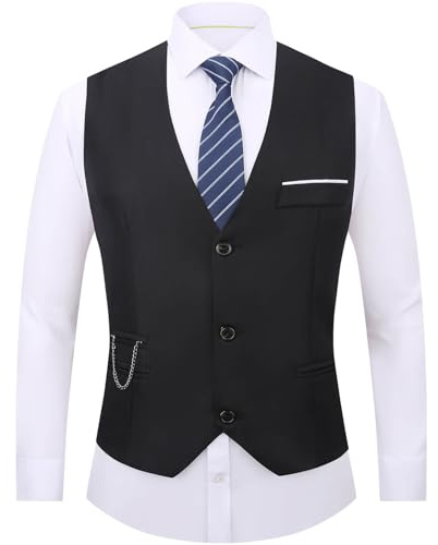 DOKKIA Men's Dress Vest Suit Waistcoat Formal Business Slim Fit V-neck Sleeveless Tuxedo Jacket with Chain Black Large