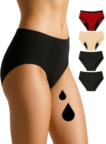 NoBlood - 4 Bragas Menstruales Flujo Abundante (Negro Rojo Beige S)