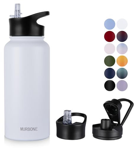 MURBONE Insulated Water Bottle, 1L Stainless Steel Drink Flask with Straw, BPA Free, 2 Lids (Straw Lid and Spout Lid), Leakproof Double Walled Vacuum Water Bottle, White