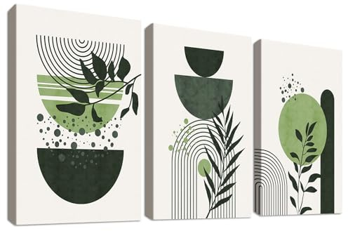 3 st träramade salviagröna Boho-canvastavlor Canvastryck Minimalistisk geometrisk linje Blad Sol Måne Målning Bild för vardagsrum Sovrum Hall Hemväggdekoration 150x70cm (20”x28”x3st)