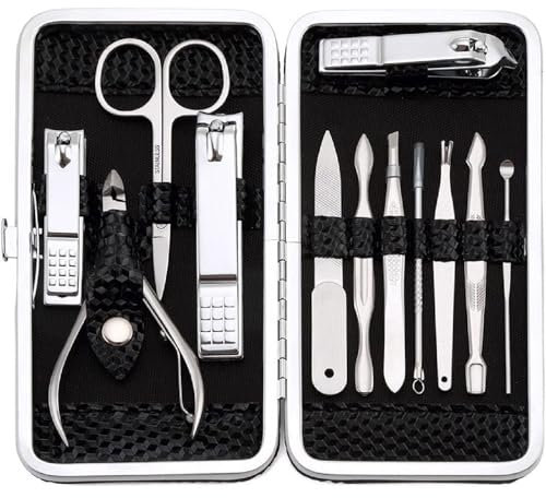 Jidyllic Set di tagliaunghie 12 in 1, in acciaio inox, per pedicure, set completo di strumenti per la cura delle unghie, set per manicure con pelle