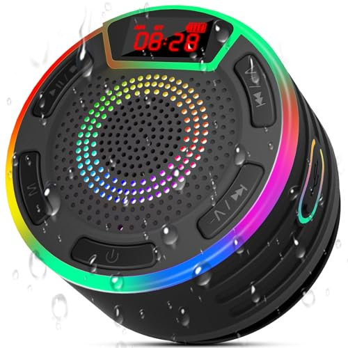 Bluetooth Shower Speaker, IPX7 Waterproof Portable Speakers with LED Display, FM Radio, Suction Cup, Built-in Mic, Mini Speaker for Bathroom Travel Pool Beach