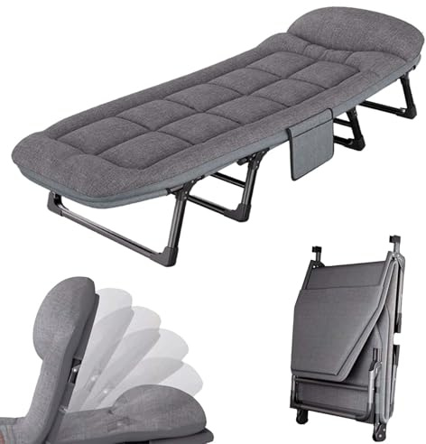 Cama de campo con colchón, cama de invitados plegable, cama de camping con bolsillo lateral y respaldo ajustable, 66 x 200 cm, soporta 200 kg, cama plegable para adultos, jardín, viajes, exterior e